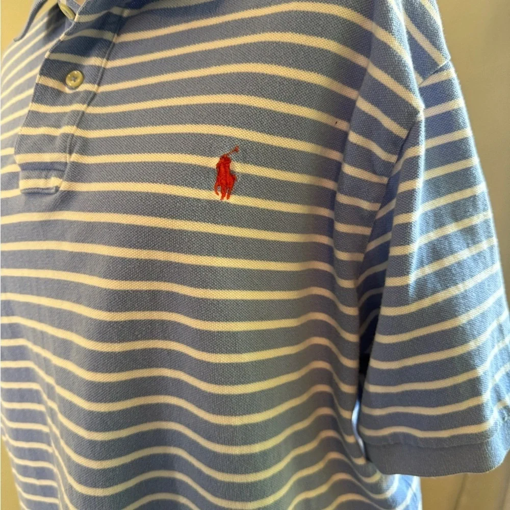 Ralph Lauren Blue and White Striped Polo Shirt with Red horse Logo